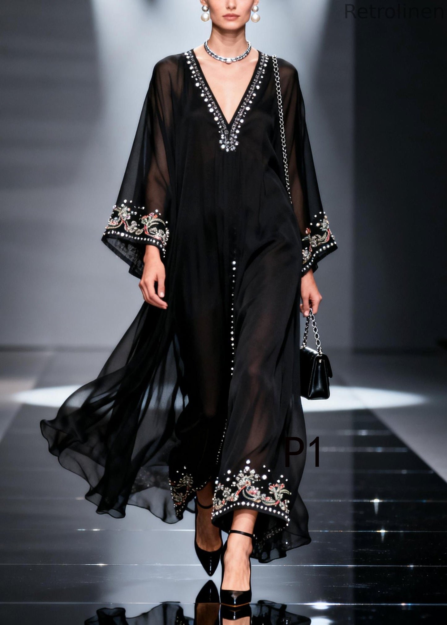Black Oversized Fine Pearl Chiffon Party Dress Summer