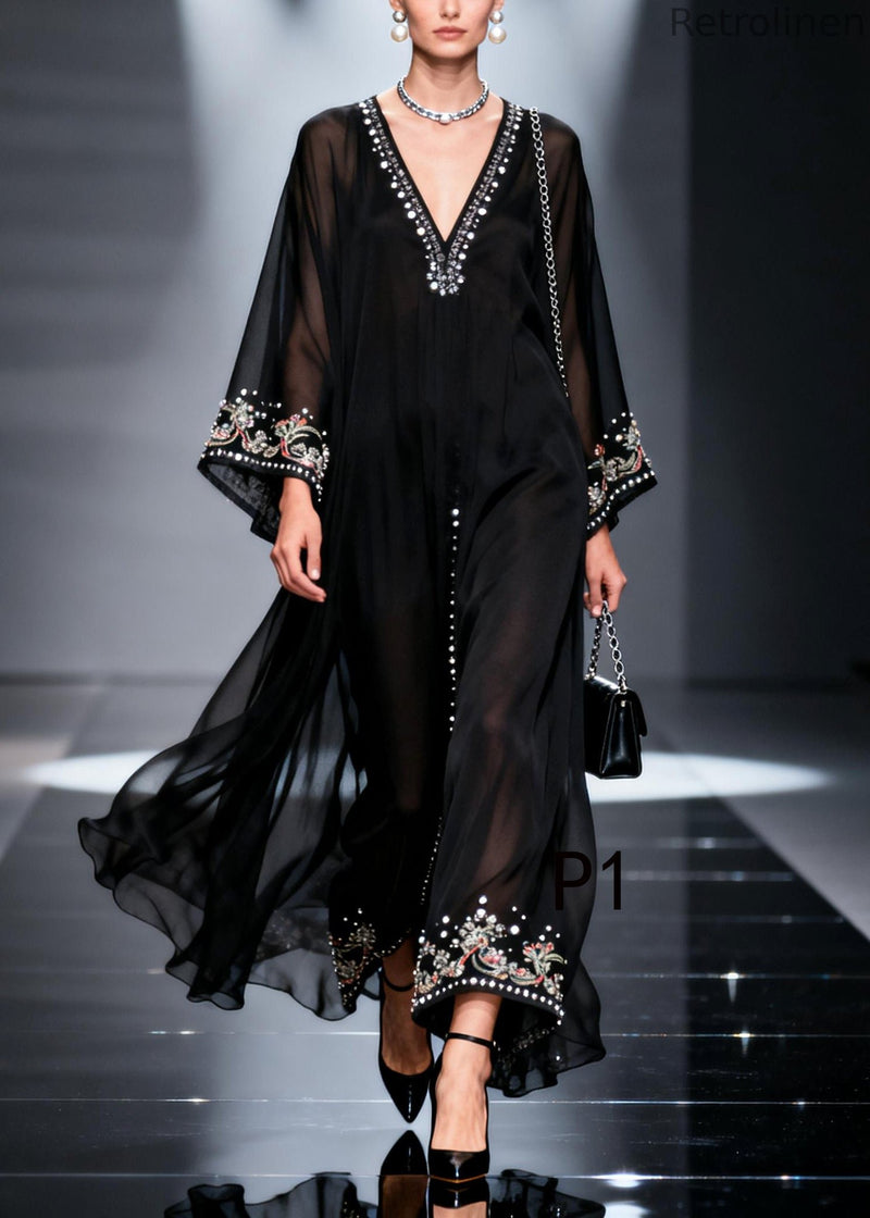 Black Oversized Fine Pearl Chiffon Party Dress Summer