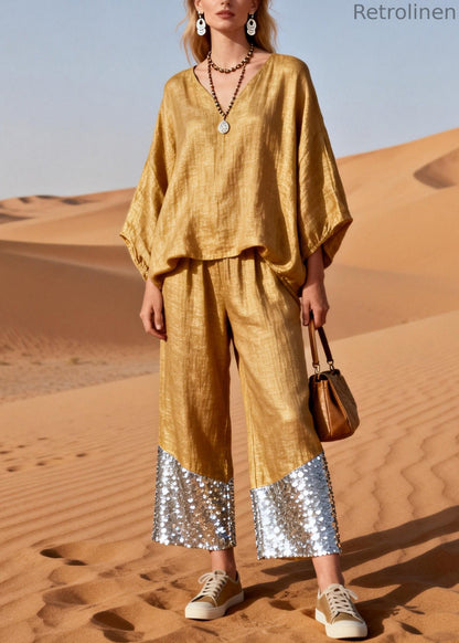 Gold V Neck Sequins Patchwork Oversized Linen Two Piece Set Spring