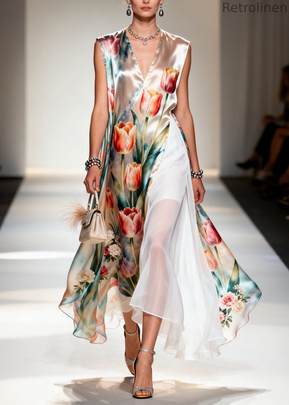 Flower Print Patchwork Chiffon Maxi Dresses Sleeveless