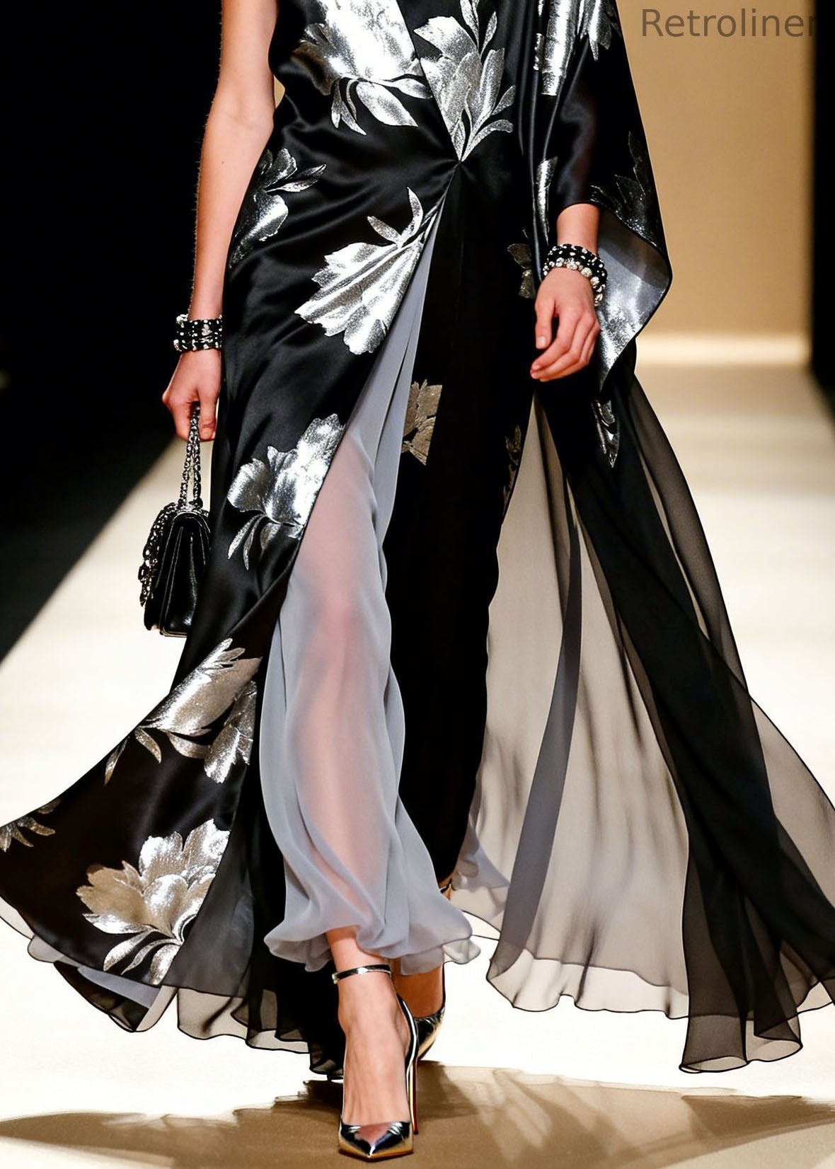 Black V Neck Asymmetrical Design Patchwork Chiffon Dress Summer