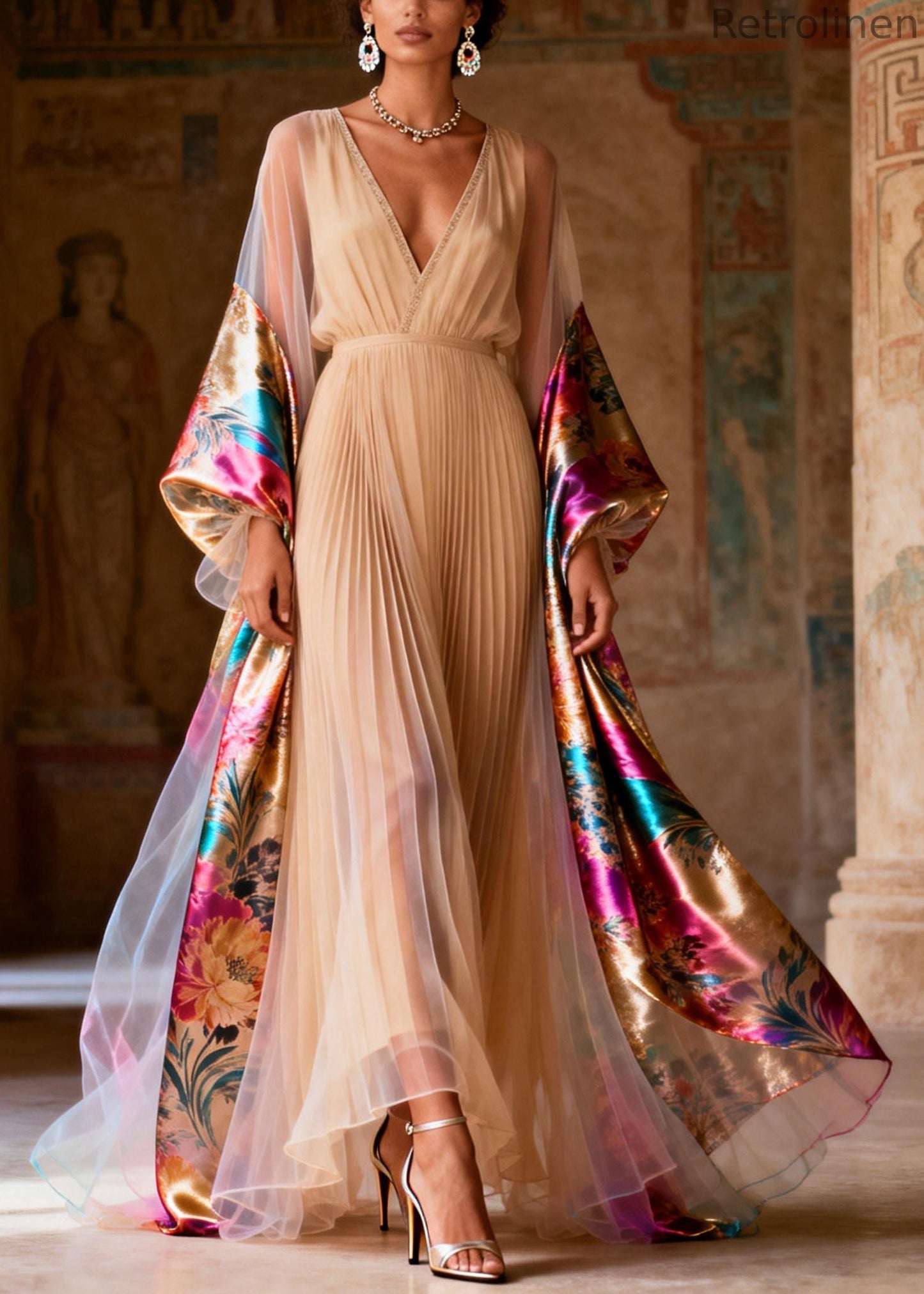 Stylish Apricot Exra Large Hem Patchwork Chiffon Pleated Dress Summer
