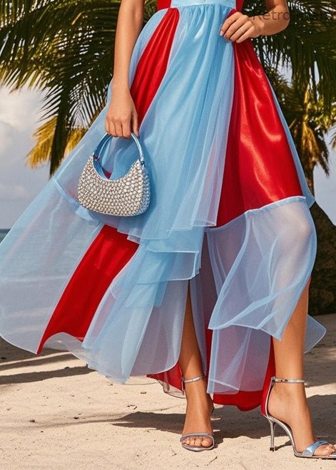 Blue Bustier Top Patchwork Chiffon Holiday Dress Summer