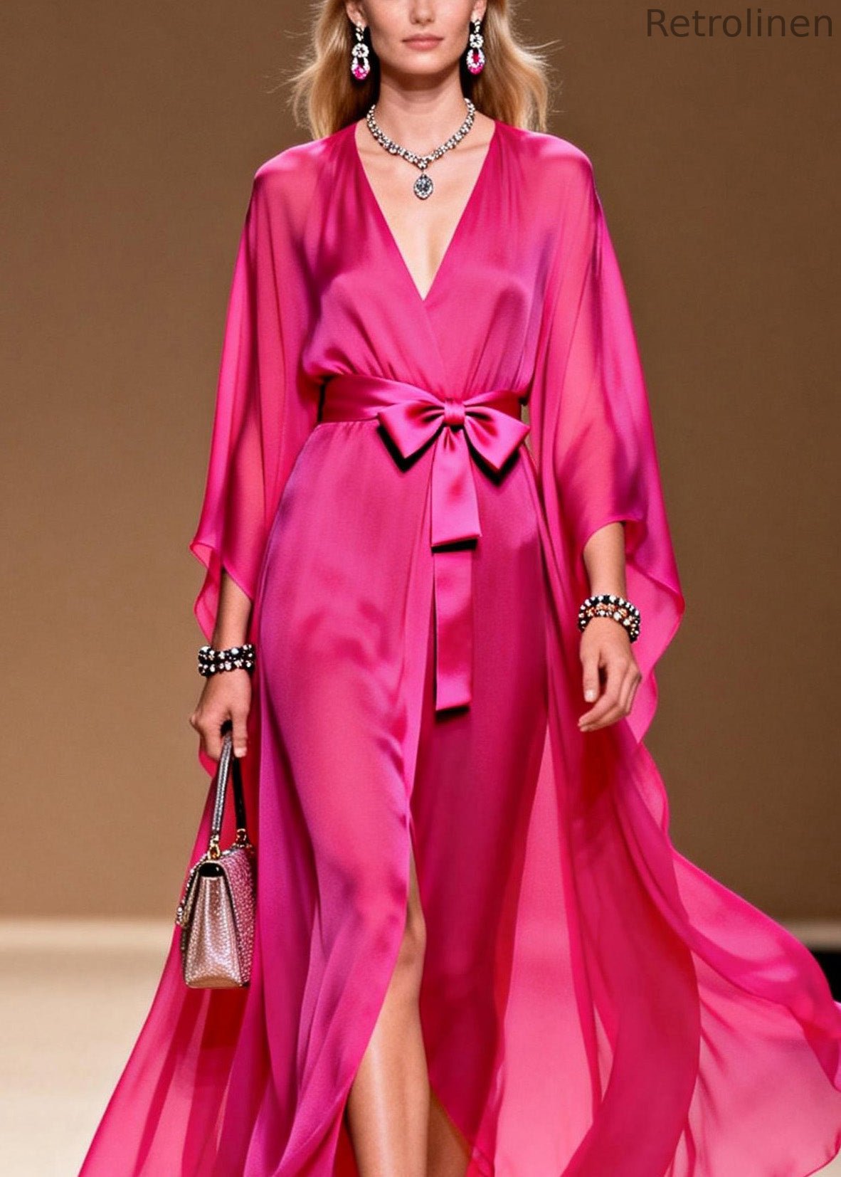 Rose V Neck Lace Up Chiffon Long Dress Summer