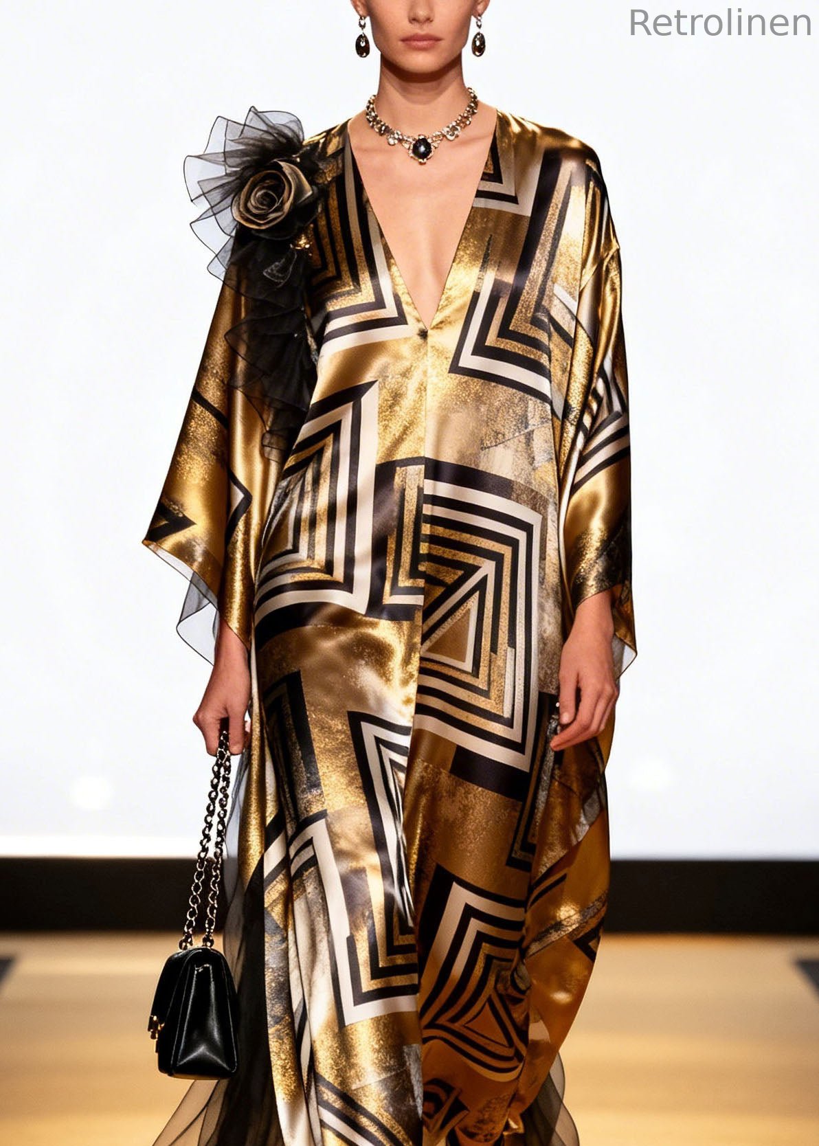 Loose V Neck Print Patchwork Silk Long Dress Spring