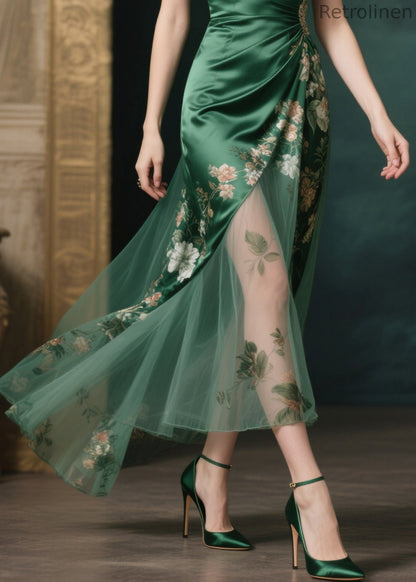 Silm Fit Tea Green Print Patchwork Tulle Party Dresses Summer