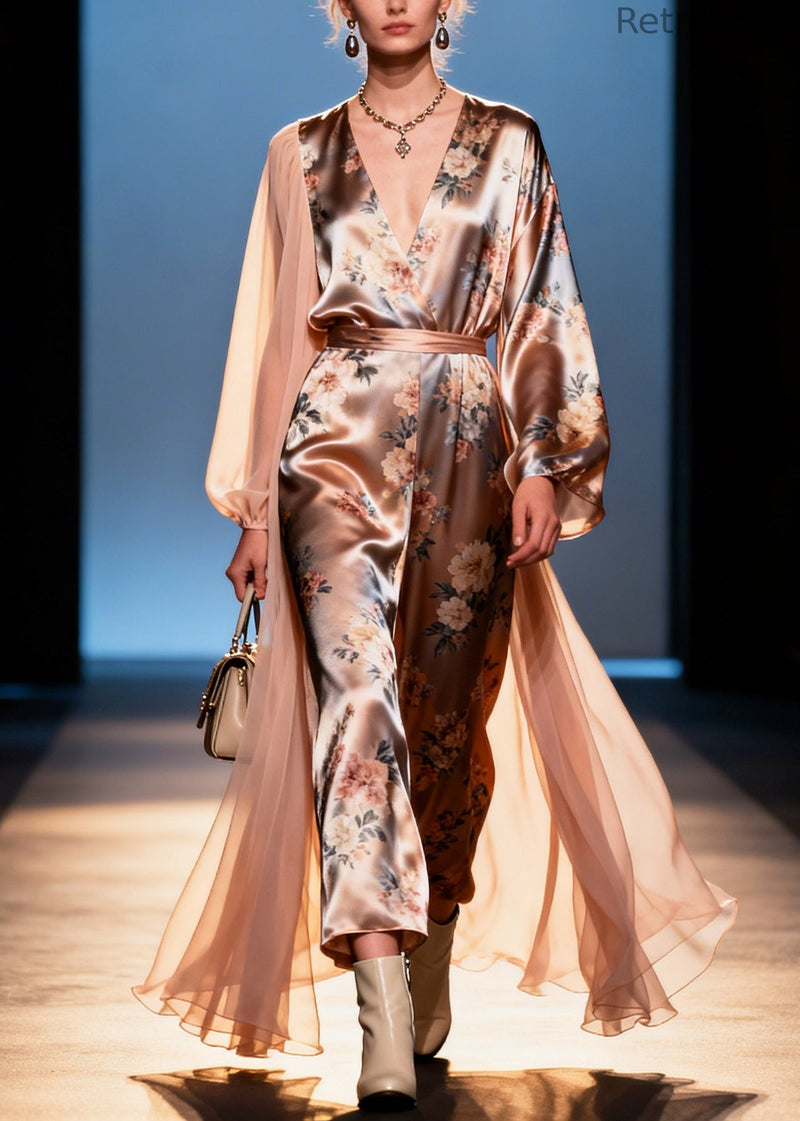 Diy Champagne Asymmetrical Patchwork Print Silk Maxi Dresses Summer