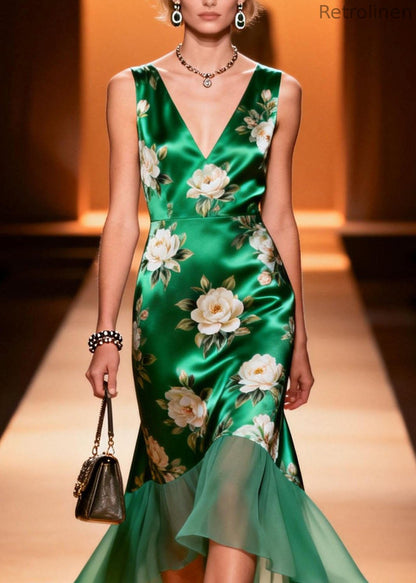 V Neck Print Patchwork Silk Dress Sleeveless