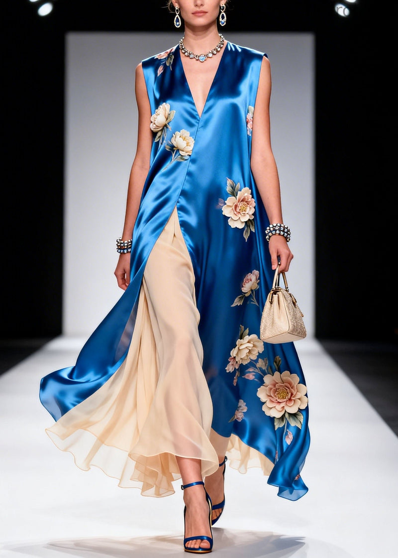V Neck Print Patchwork Silk Maxi Dresses Sleeveless