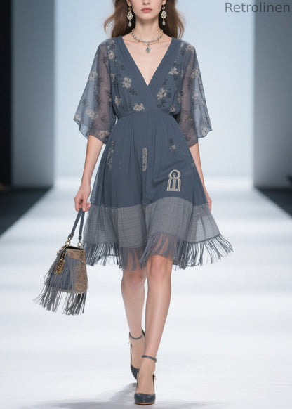 Classy Grey V Neck Tassel Patchwork Cotton Dress Summer