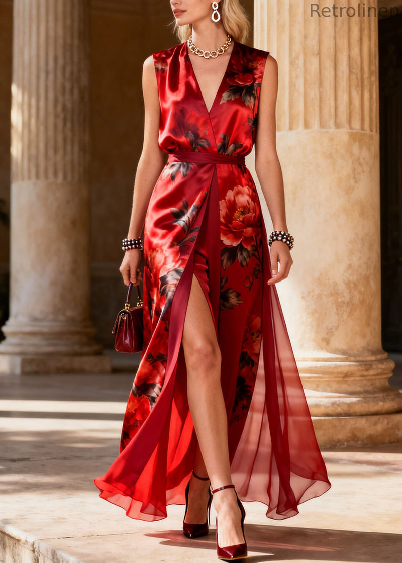 Classy Red V Neck Print Side Open Silk Dress Sleeveless