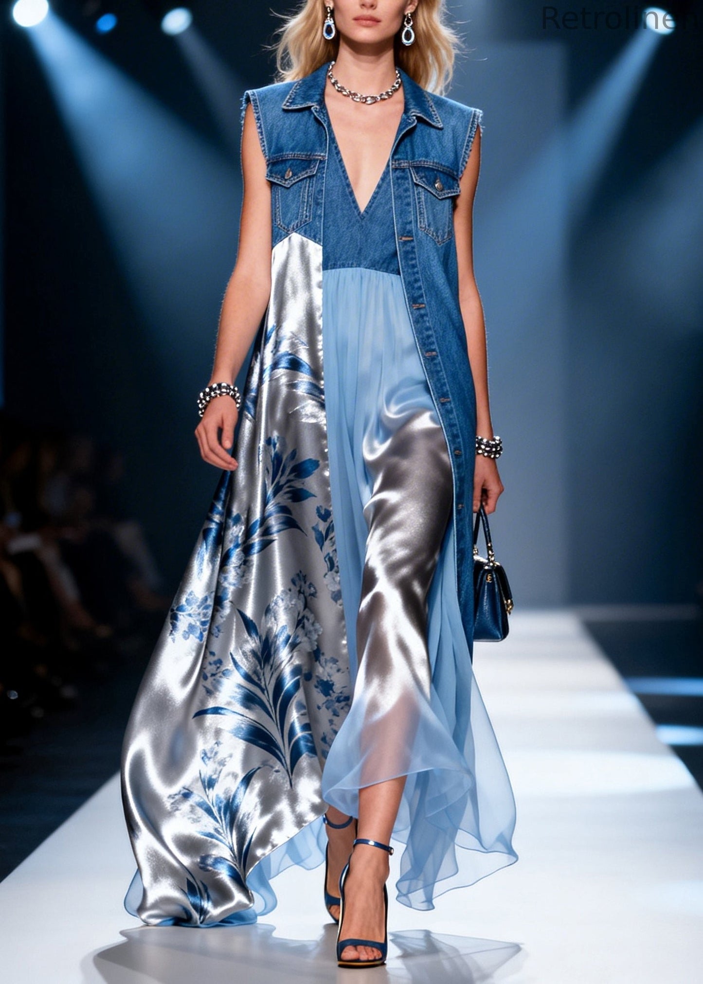 Denim Blue Patchwork Chiffon Dress Two Piece Set Asymmetrical Summer