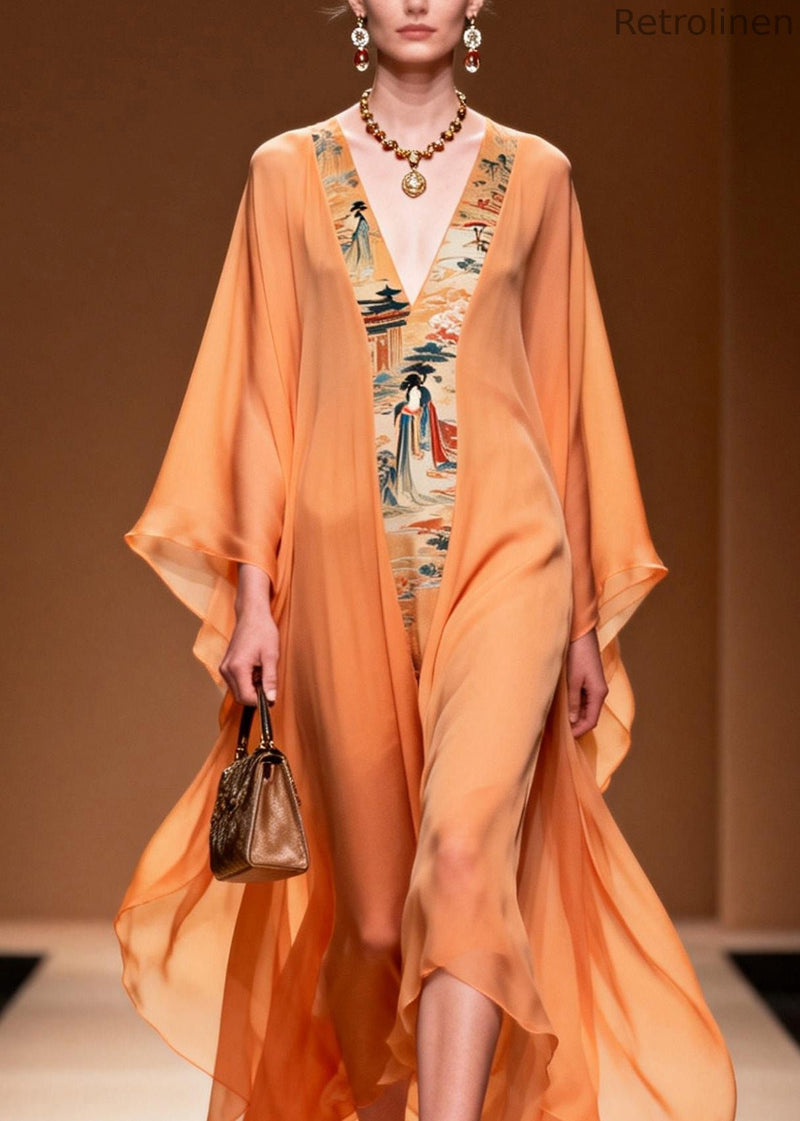 Orange V Neck Print Patchwork Chiffon Dress Spring