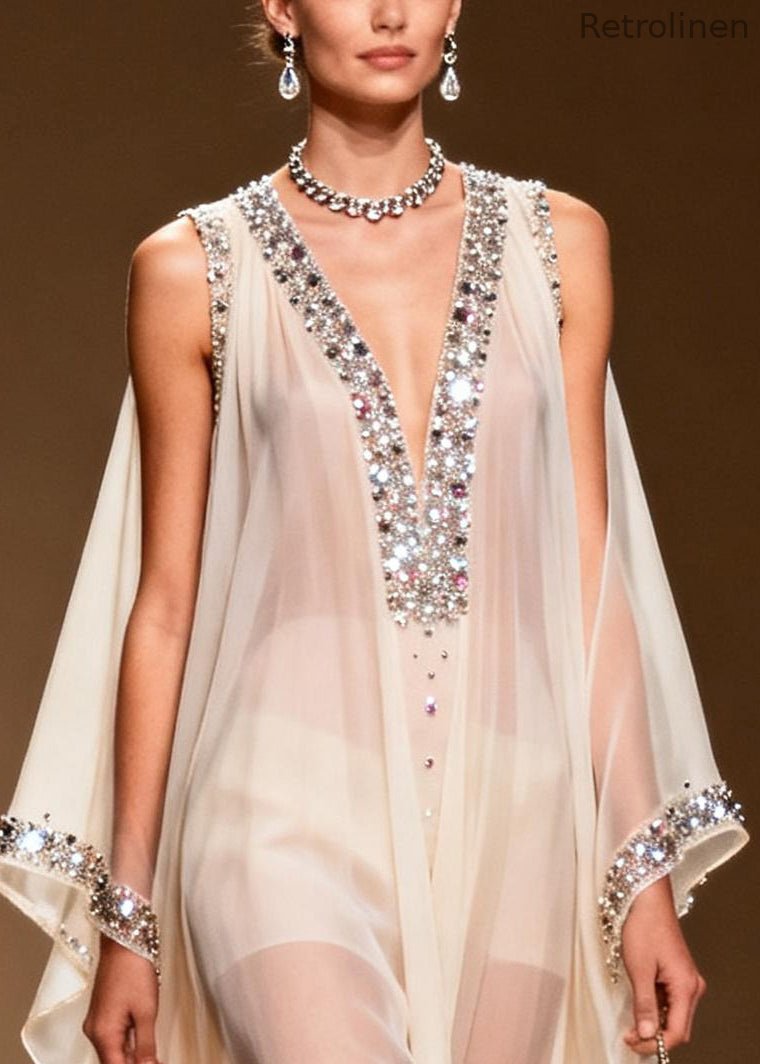 White Rhinestone Draping Chiffon Sheer Dress Sleeveless