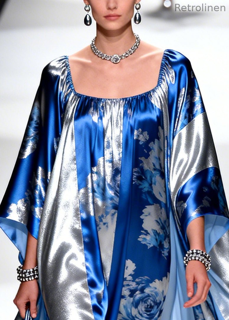 Modern Blue Square Collar Print Chiffon Party Dress Summer