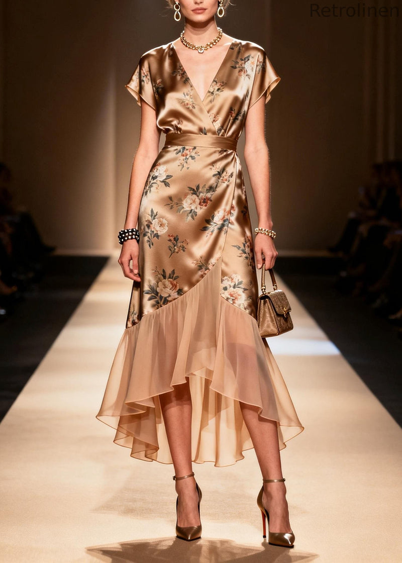 Art Ruffled Asymmetrical Print Patchwork Silk Dress Summer