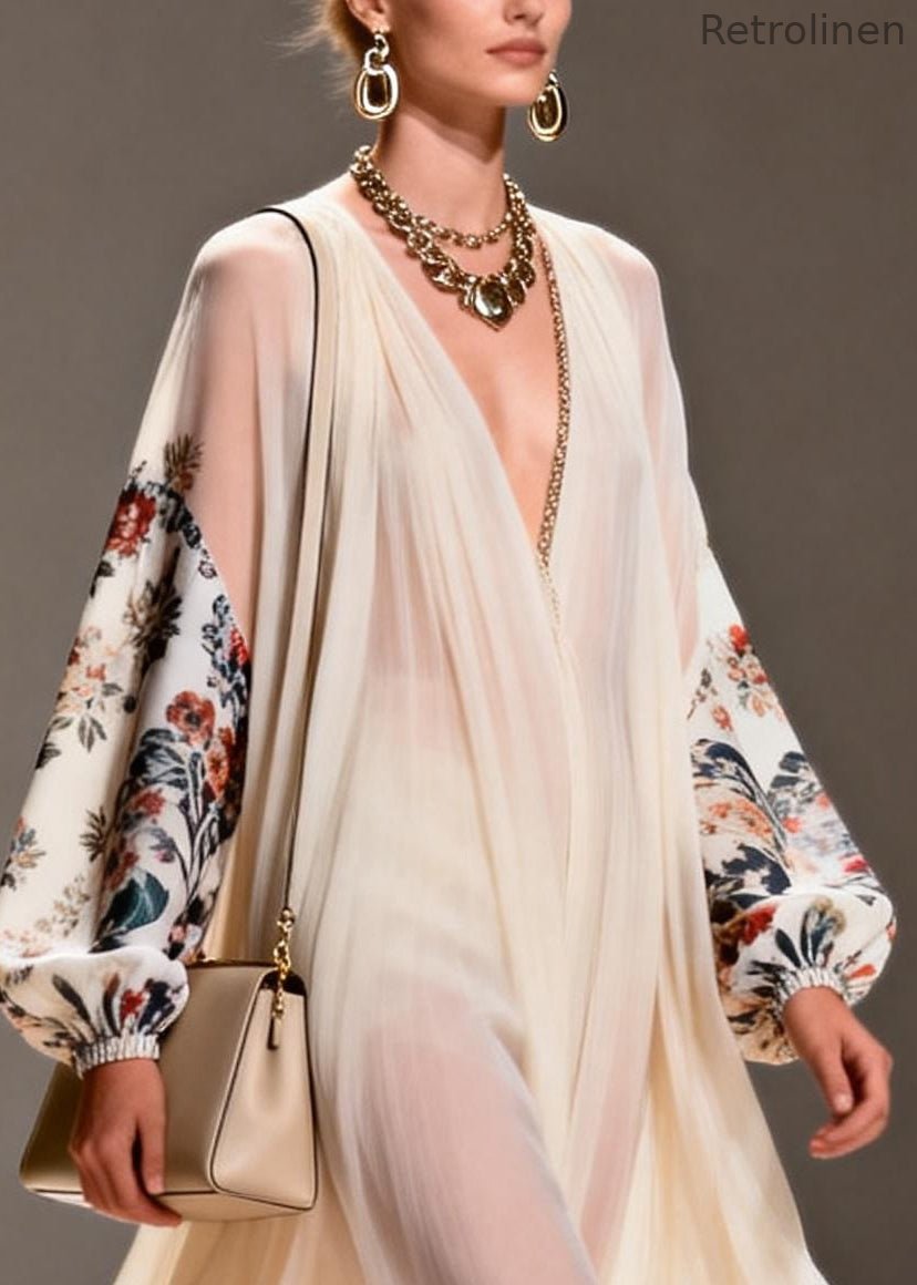 Apricot Print Chiffon Long Dresses Oversized Exra Large Hem Summer