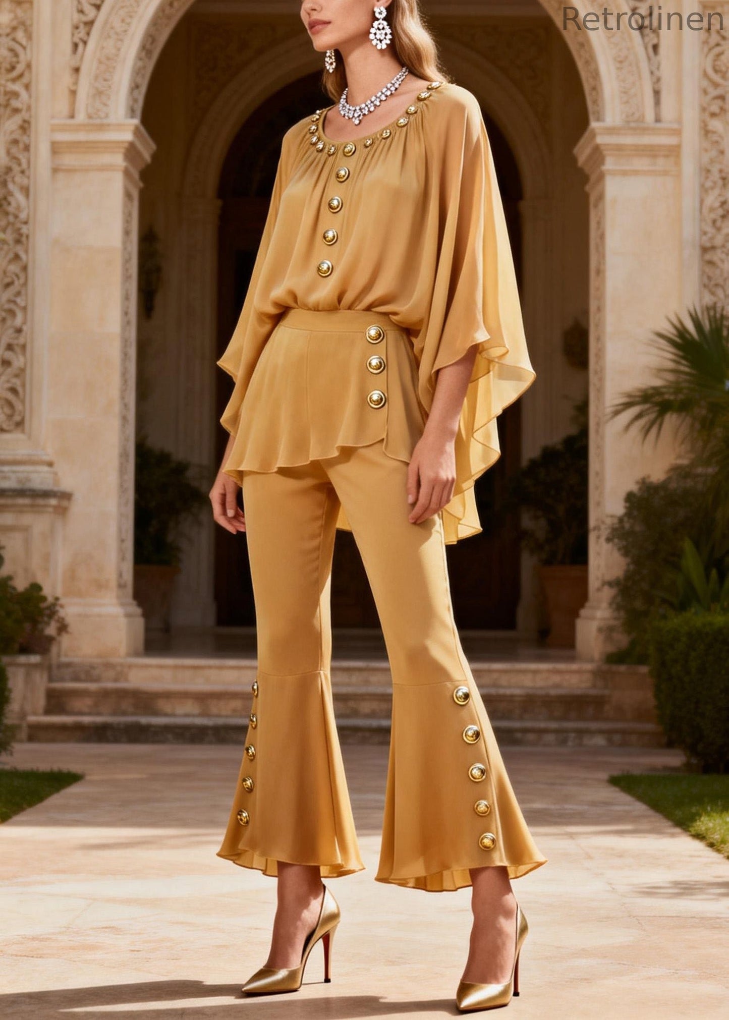 Yellow O Neck Button Patchwork Silk Two Pieces Set Summer