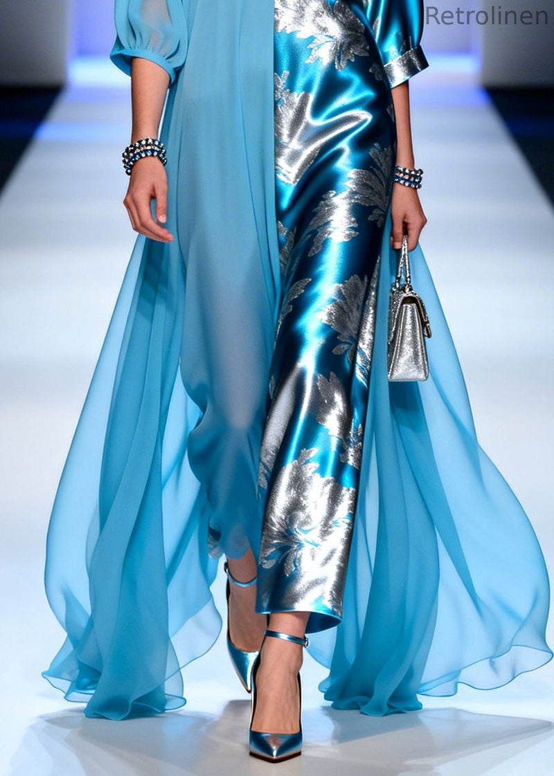 Blue Asymmetrical Patchwork Chiffon Party Dress Summer