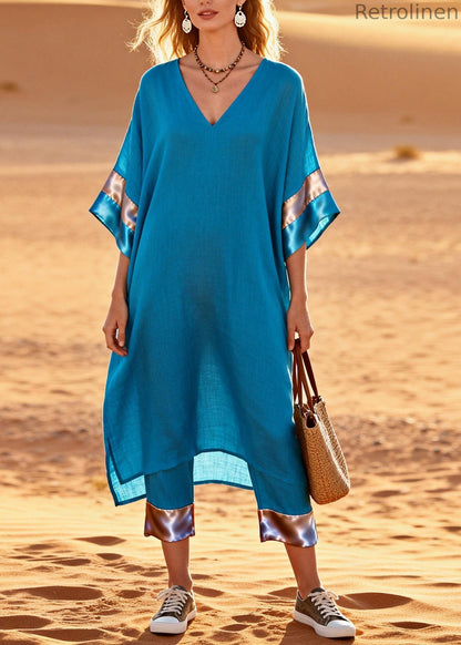 Blue V Neck Patchwork Linen Silk Two Pieces Set Summer
