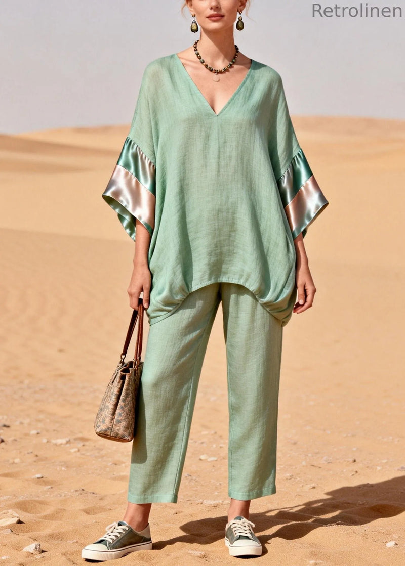 Green Cinched Silk Patchwork Linen Two Pieces Set V Neck Bracelet Sleeve