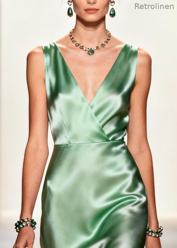 Boutique Light Green V Neck Patchwork Tulle Long Dresses Summer