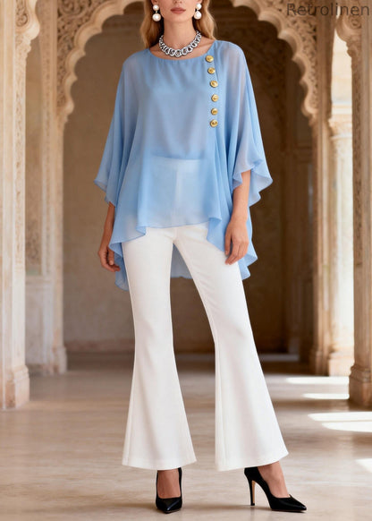 Blue O Neck Top and White Flared Trousers Chiffon Two Pieces Set Summer