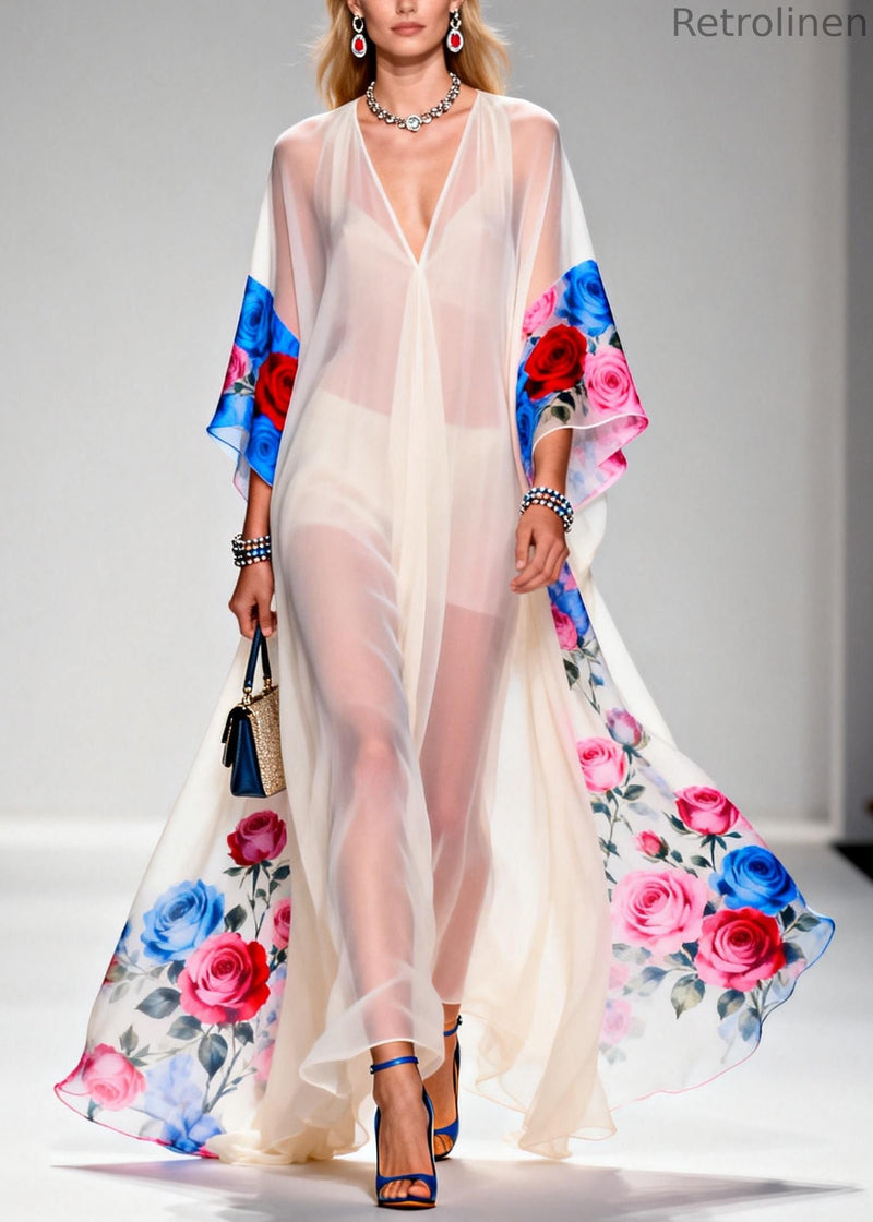 White Oversized Print Sheer Chiffon Maxi Dresses Summer