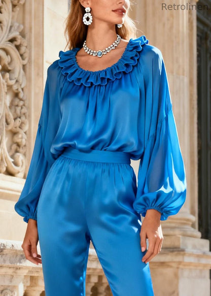 Stylish Blue Ruffled Tops and Flare Bottoms Silk Two Pieces Set Spring