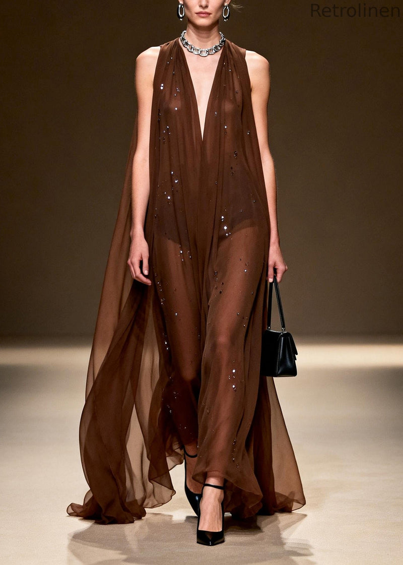 Stylish Chocolate Rhinestone Exra Large Hem Chiffon Vacation Dress Sleeveless