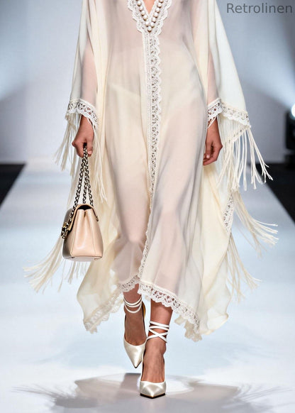 V Neck Tassel Nail Bead Patchwork Chiffon Dress Summer
