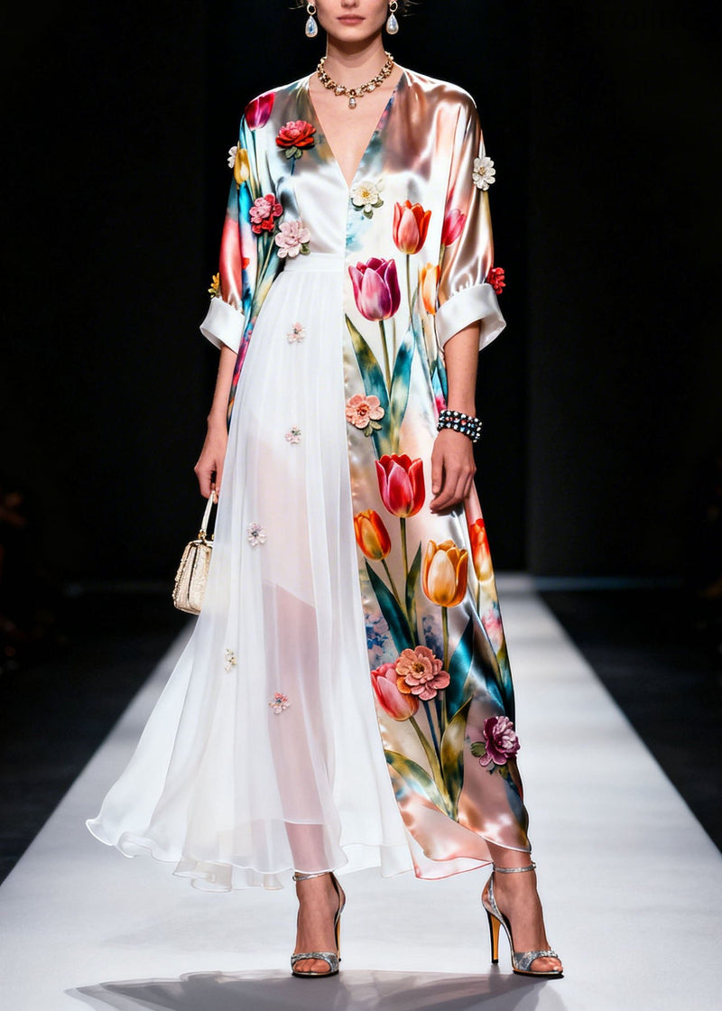 V Neck Asymmetrical Design Silk Dress Summer