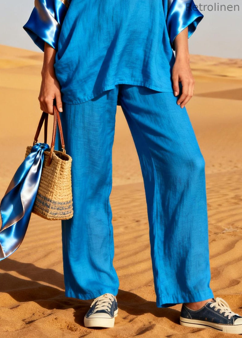 Diy Blue Oversized Patchwork Linen Silk Two Piece Set Outfits Spring