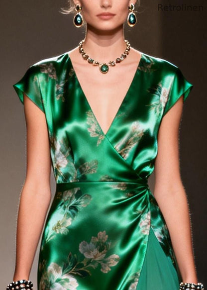 Style Tea Green Print Patchwork Silk Long Dress Summer