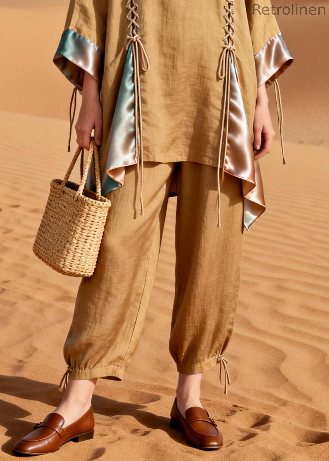 Original Designkhaki Lace Up Patchwork Silk Linen Two Pieces Set