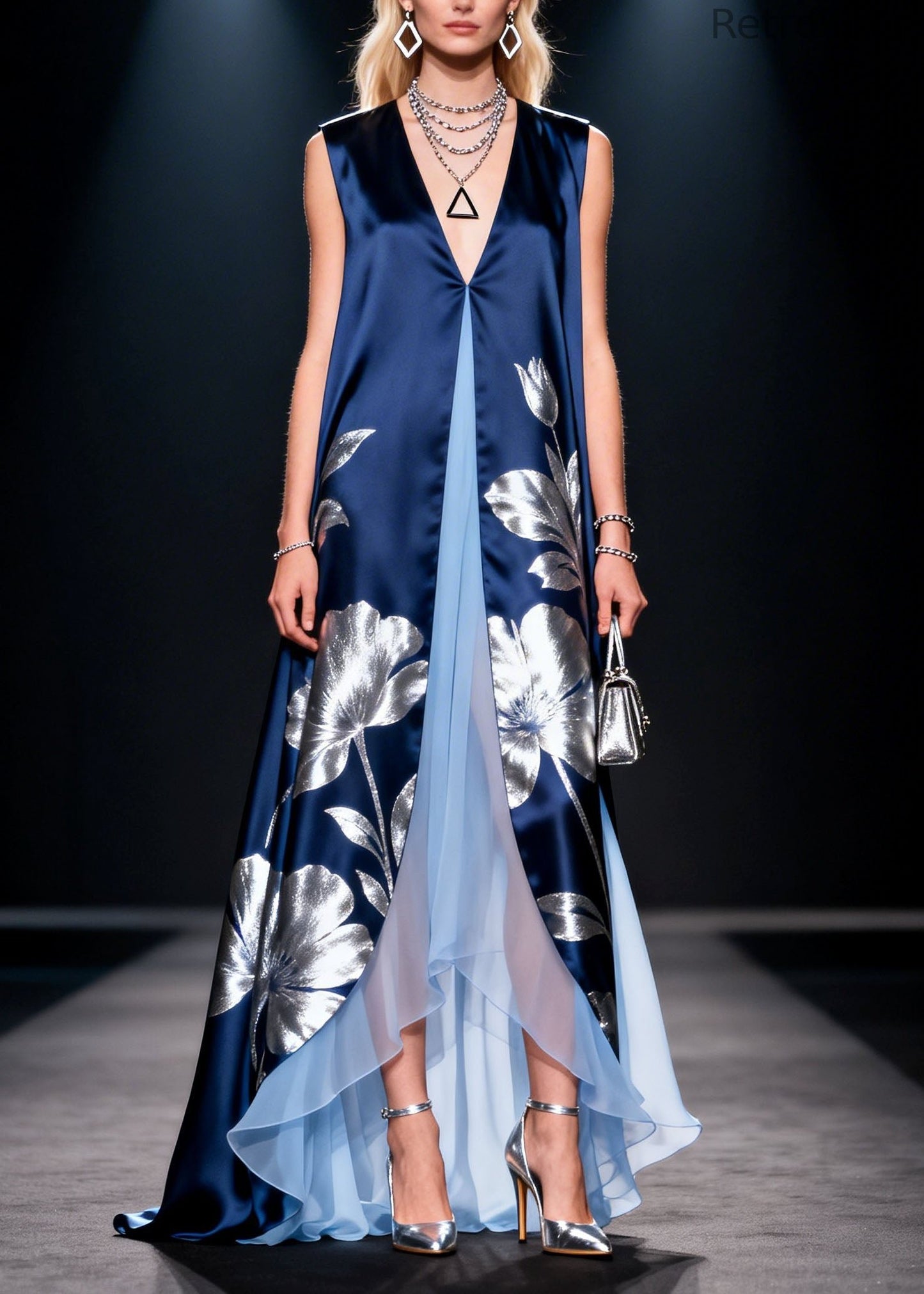 V Neck Print Patchwork Silk Long Dress Summer
