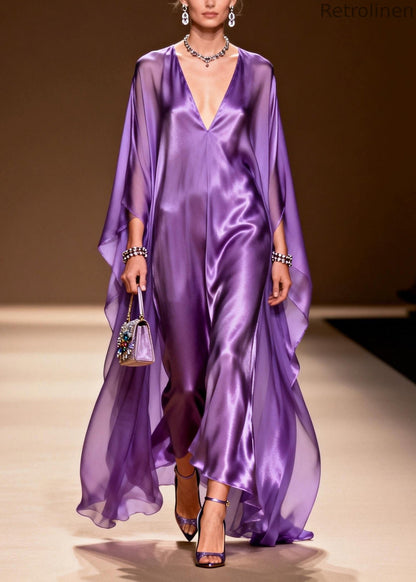 Purple V Neck Silk Long Dress Spring