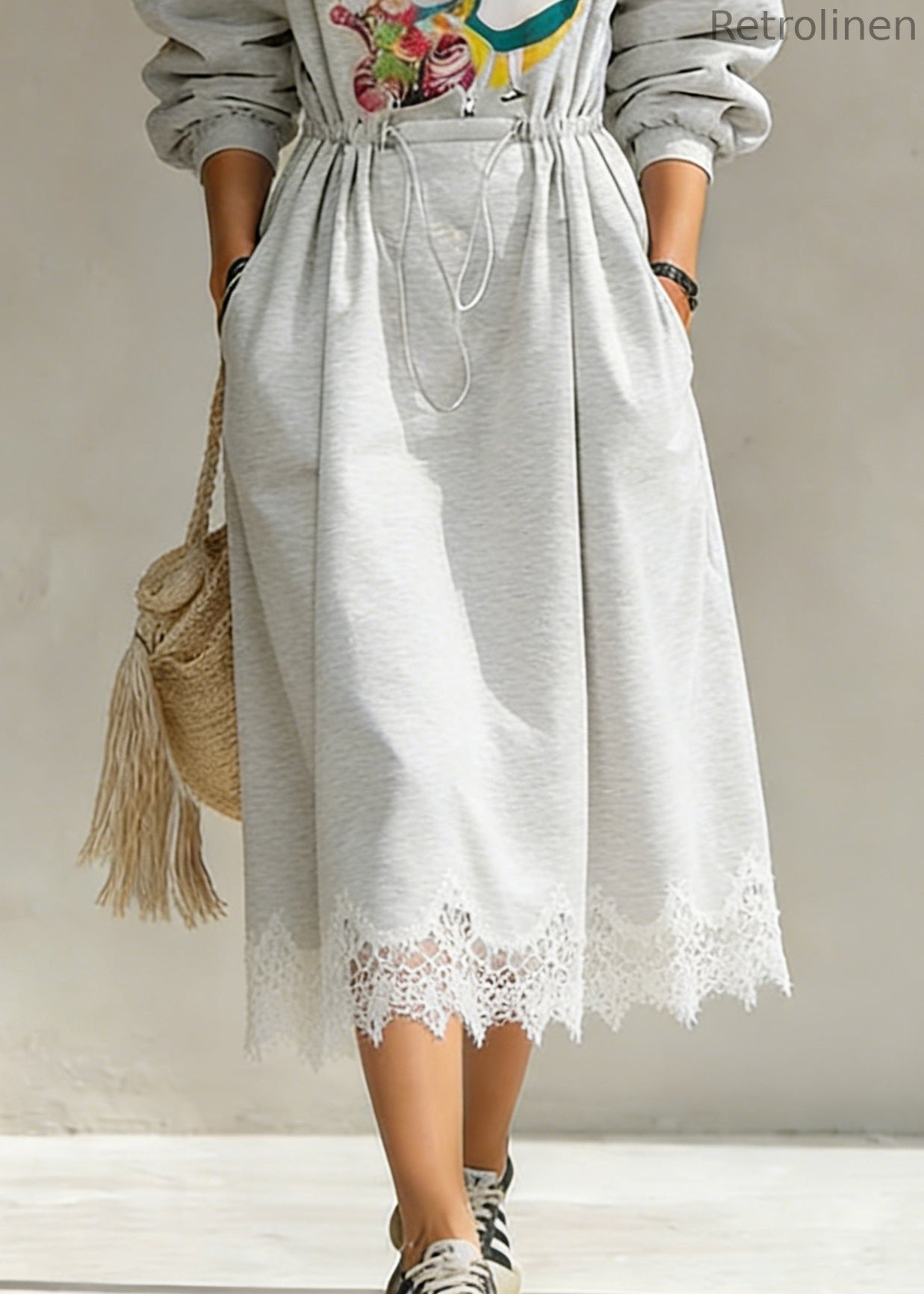 Grey Print Drawstring Lace Patchwork Cotton Sweatshirt Dresses Spring