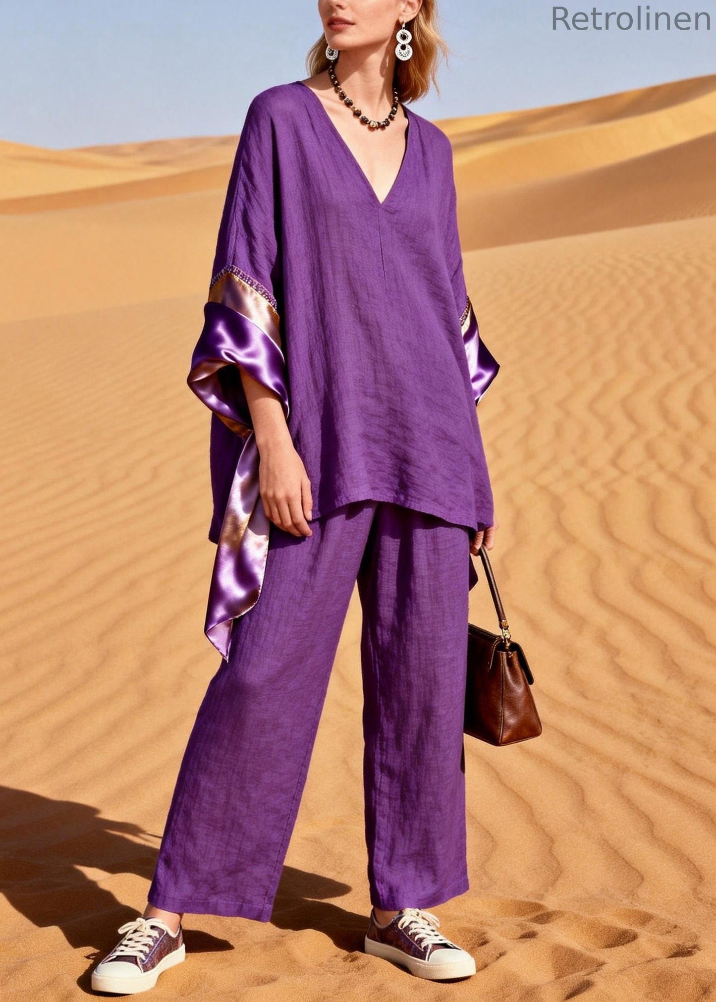 Purple V Neck Silk Patchwork Linen Two Pieces Set Summer