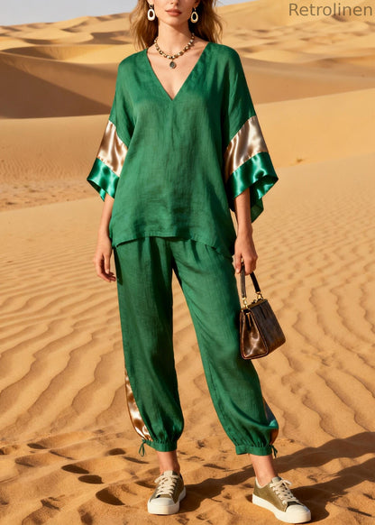 Grass Green Patchwork Linen Silk Two Pieces Set V Neck Summer