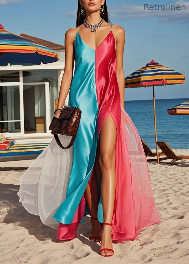Colorblock Asymmetrical Patchwork Side Open Silk Vacation Dresses Summer