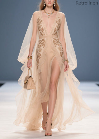 French Beige V Neck Print Chiffon Long Dresses Summer