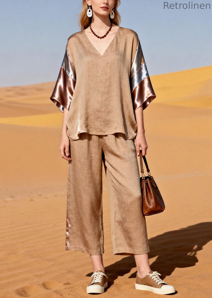 Natural Khaki Oversized Patchwork Silk Linen Two Piece Set Outfits Summer