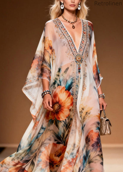 Style V Neck Print Chiffon Long Dresses Summer