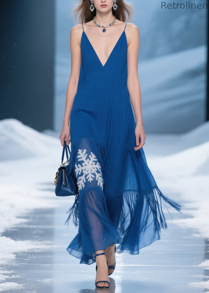 Blue Tassel Patchwork Spaghetti Strap Dress Summer