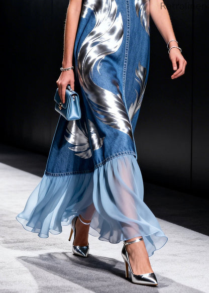 Blue V Neck Patchwork Print Denim Holiday Dresses Sleeveless