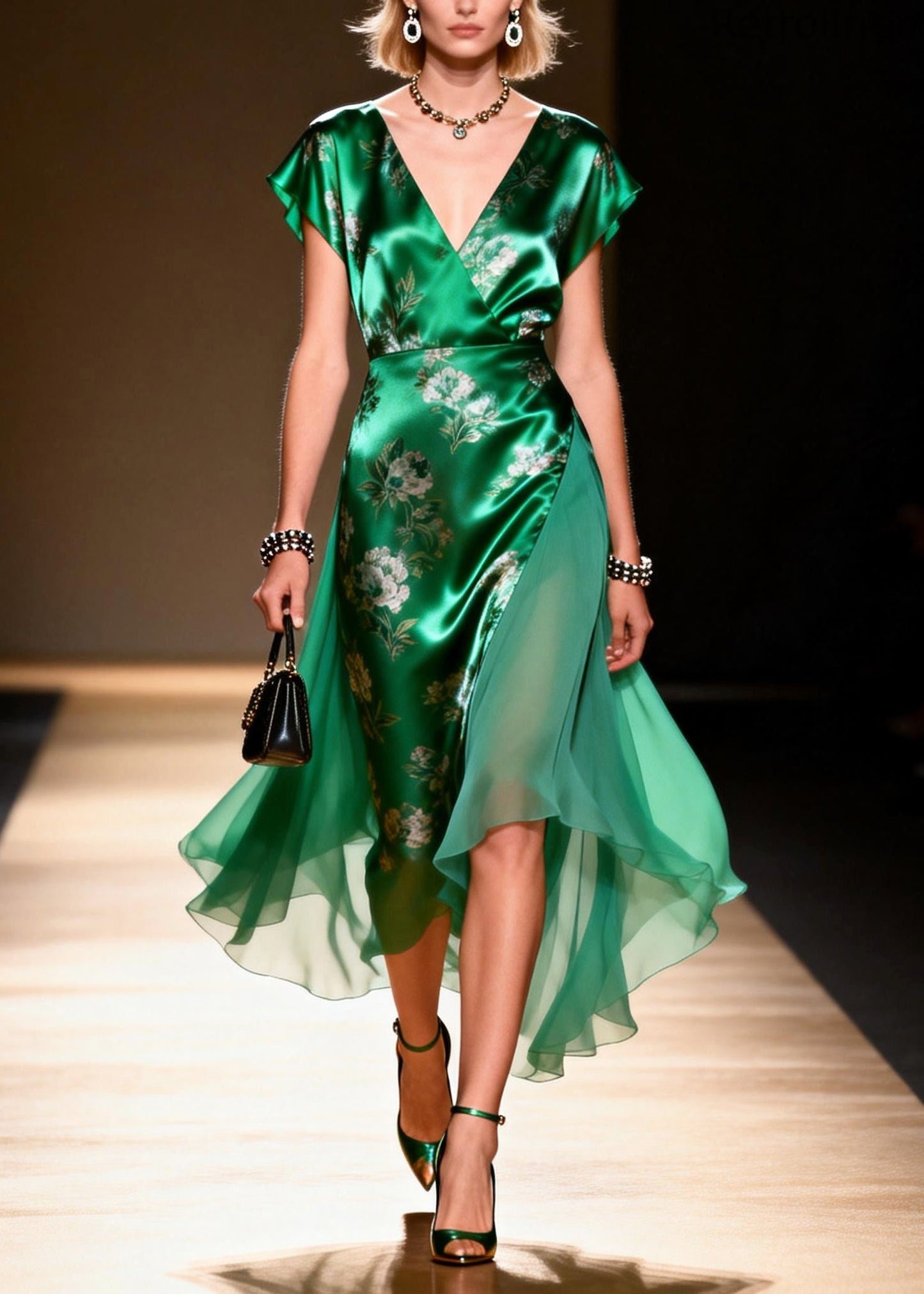 Green V Neck Patchwork Chiffon Robe Dresses Summer