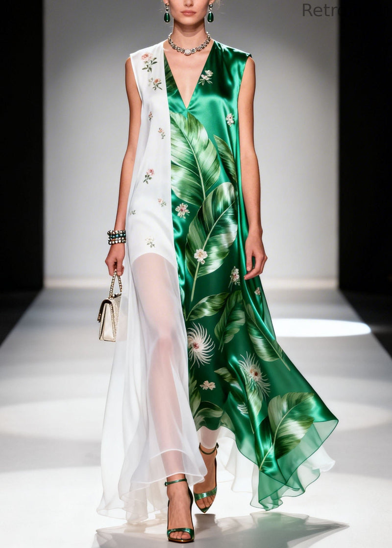 New Colorblock V Neck Print Patchwork Chiffon Long Dress Summer