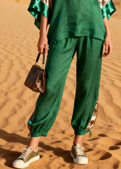 Grass Green Patchwork Linen Silk Two Pieces Set V Neck Summer