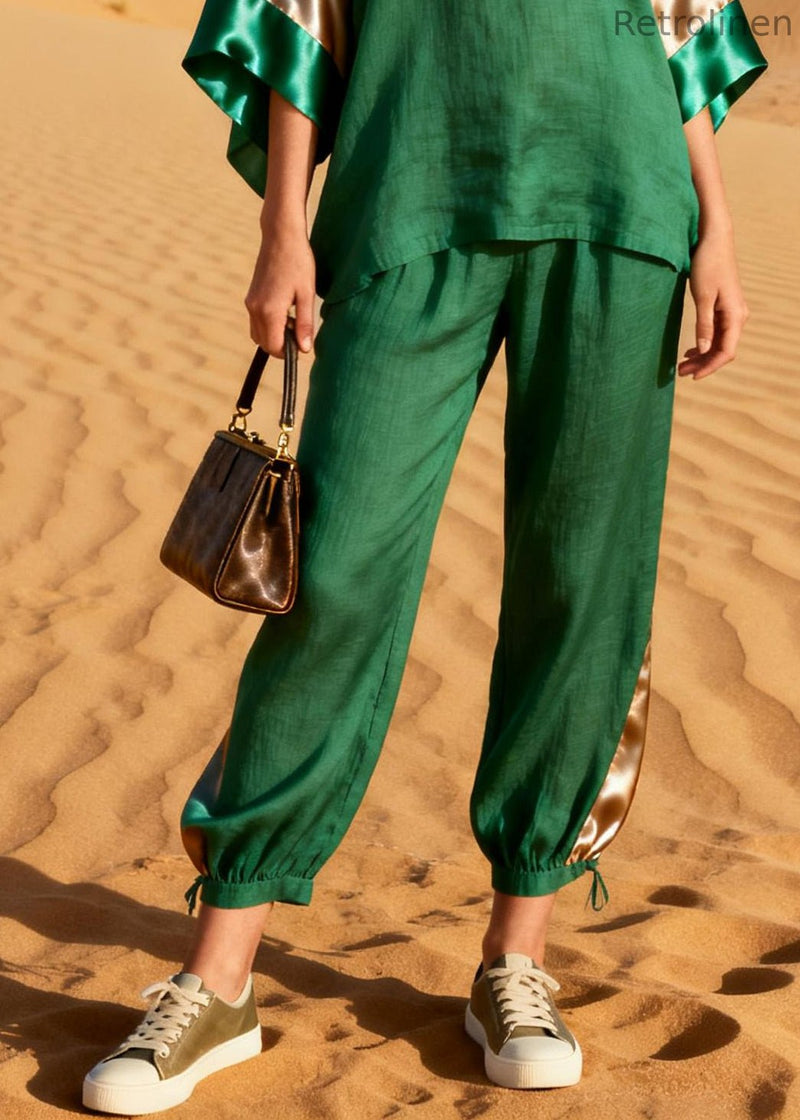 Grass Green Patchwork Linen Silk Two Pieces Set V Neck Summer